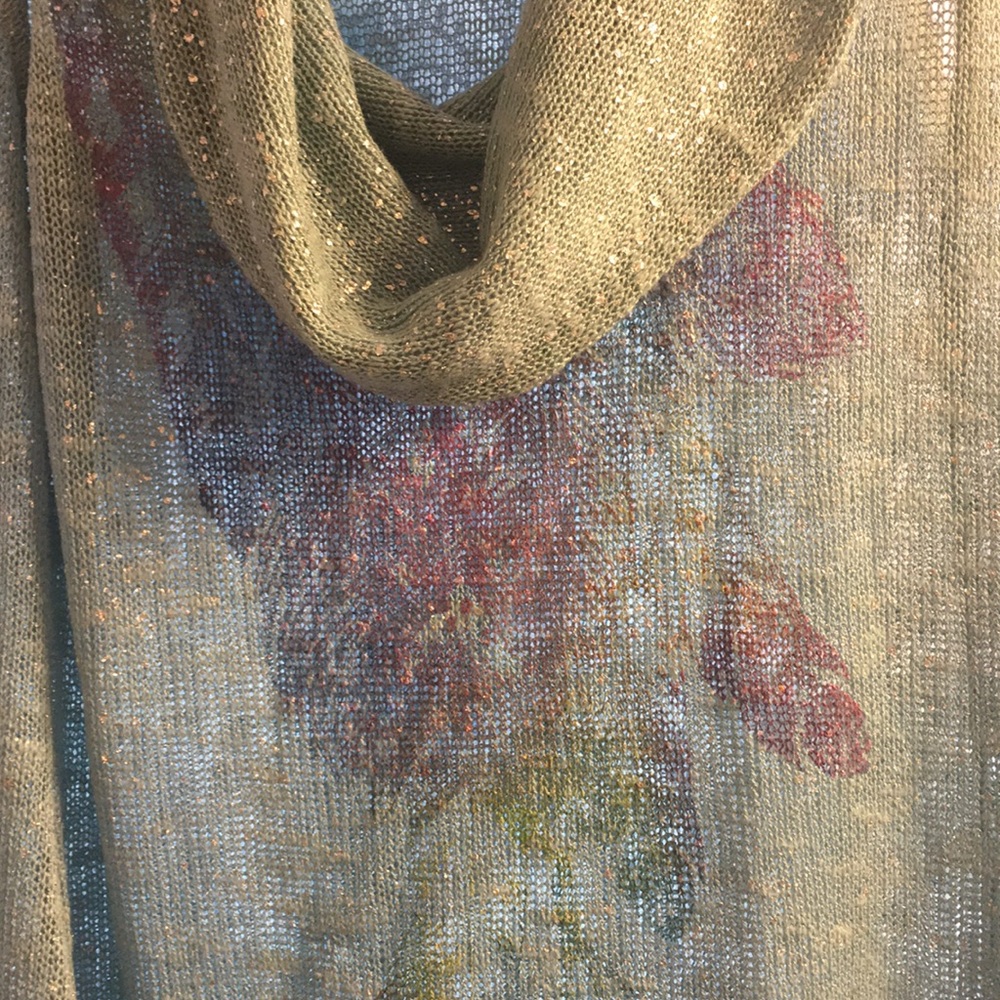 Sheer sparkly cowl neck sweater feather M